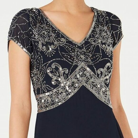 J Kara Women's Cap V-Neck Beaded Dress - Picture 3 of 9